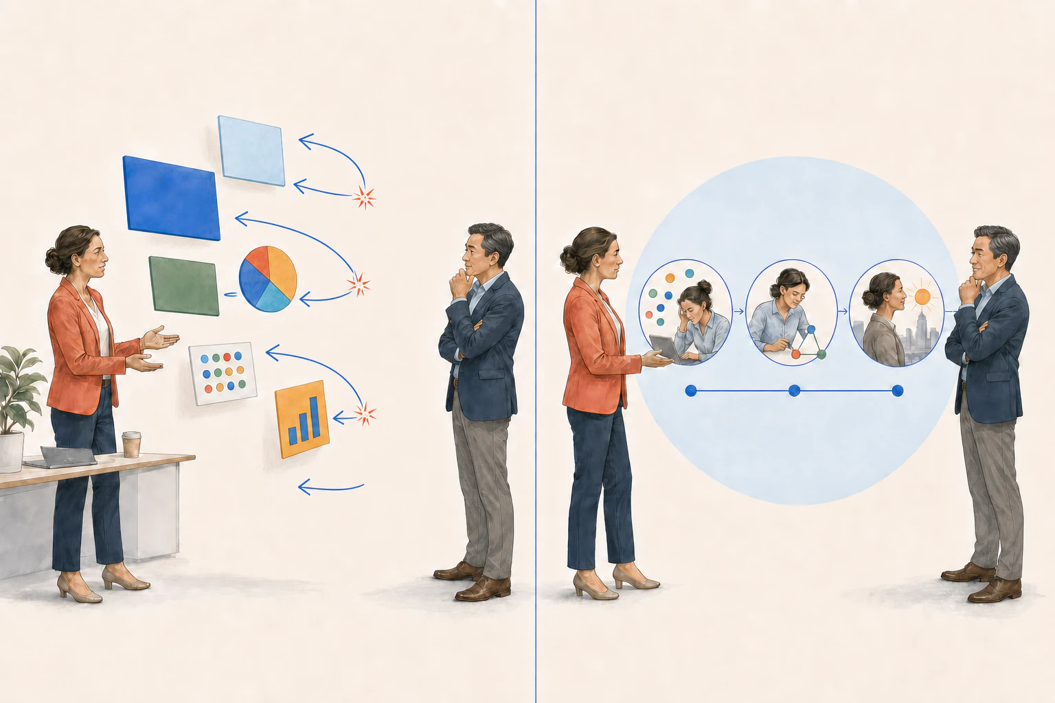 A presenter’s factual claims bounce back from a skeptical prospective client while a customer story creates attention and connection