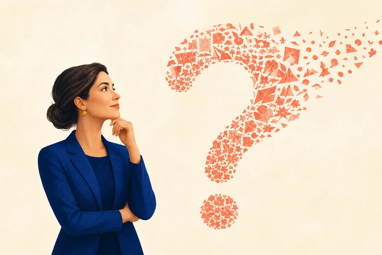 A poised professional studies a large coral question mark assembled from tiny fragments
