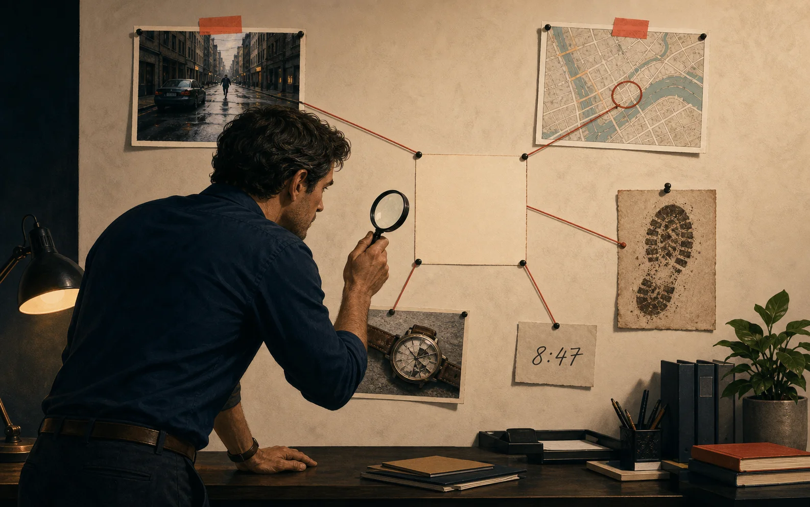 An absorbed investigator studies an evidence wall with one central piece conspicuously missing