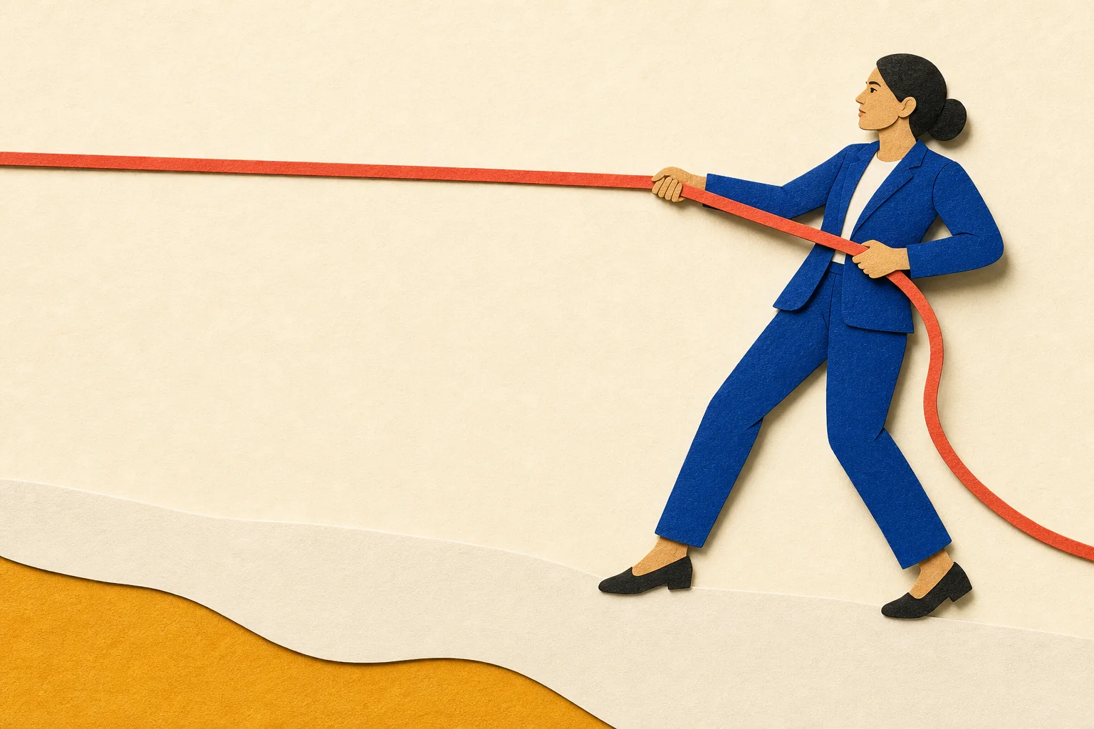 A professional woman rendered in cut paper draws a taut coral rope through her hands as the tail loosens behind