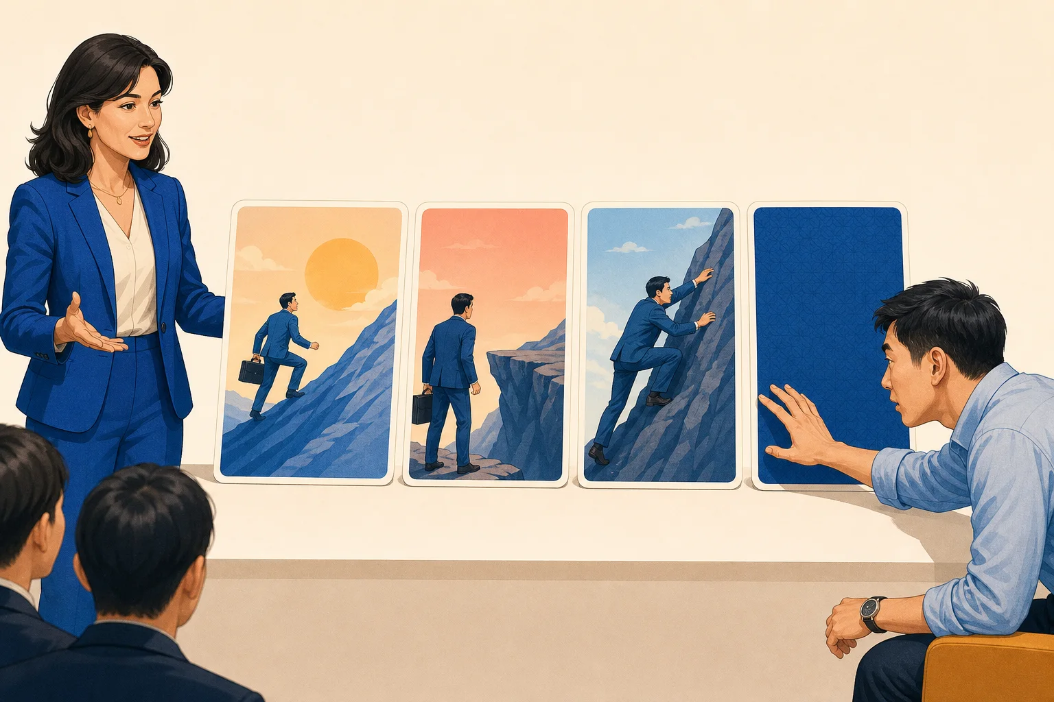 A listener reaches toward the concealed final card in an unfinished visual story sequence