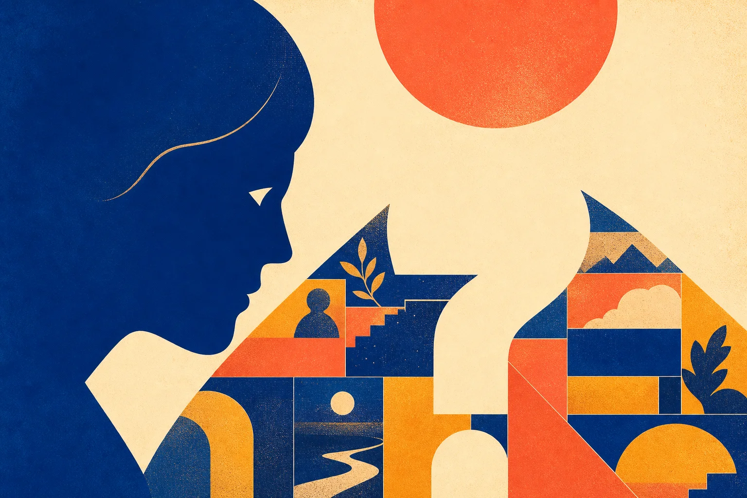 A bold cobalt profile faces a question-shaped negative-space gap between colorful story fragments