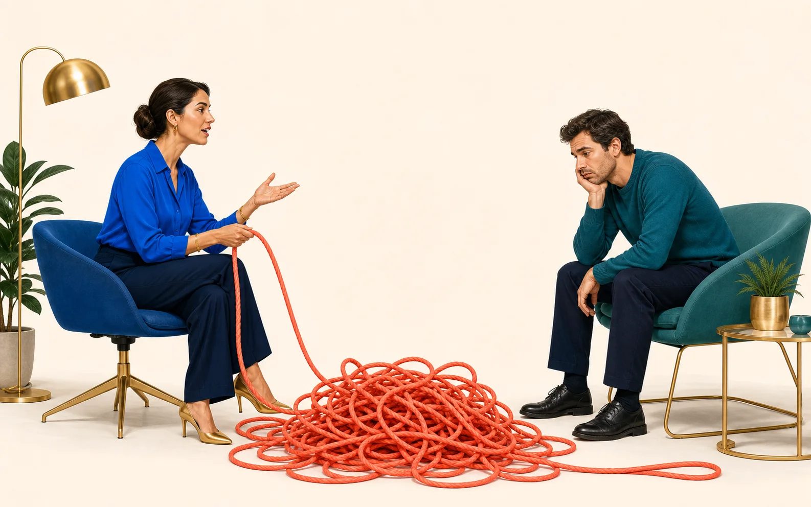 A woman talks while a huge pile of slack coral rope lies untouched between her and a visibly bored man