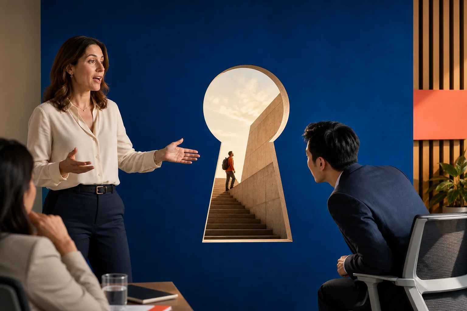 A listener leans toward a large architectural keyhole that exposes only part of an unfolding story