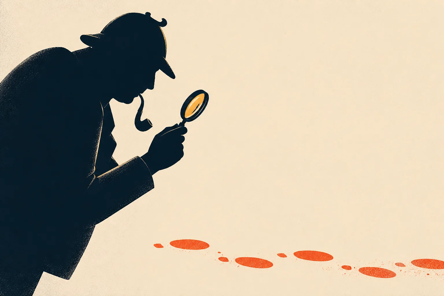 A noir detective silhouette examines coral footprints through a magnifying glass