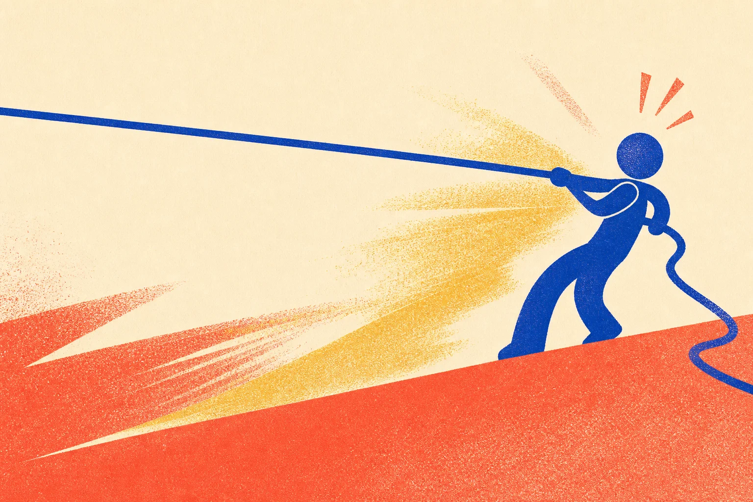 A simplified risograph figure pulls a long taut blue rope while its loose tail trails behind
