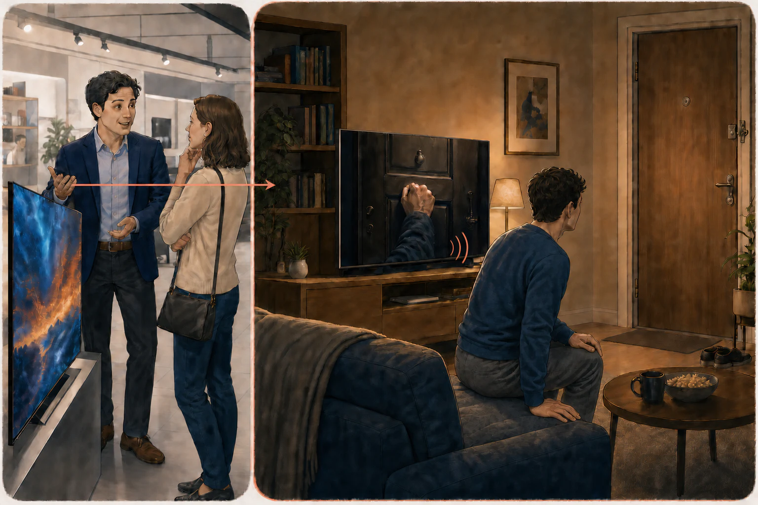 An electronics salesperson’s story leads to a viewer mistaking a realistic movie knock for someone at his apartment door