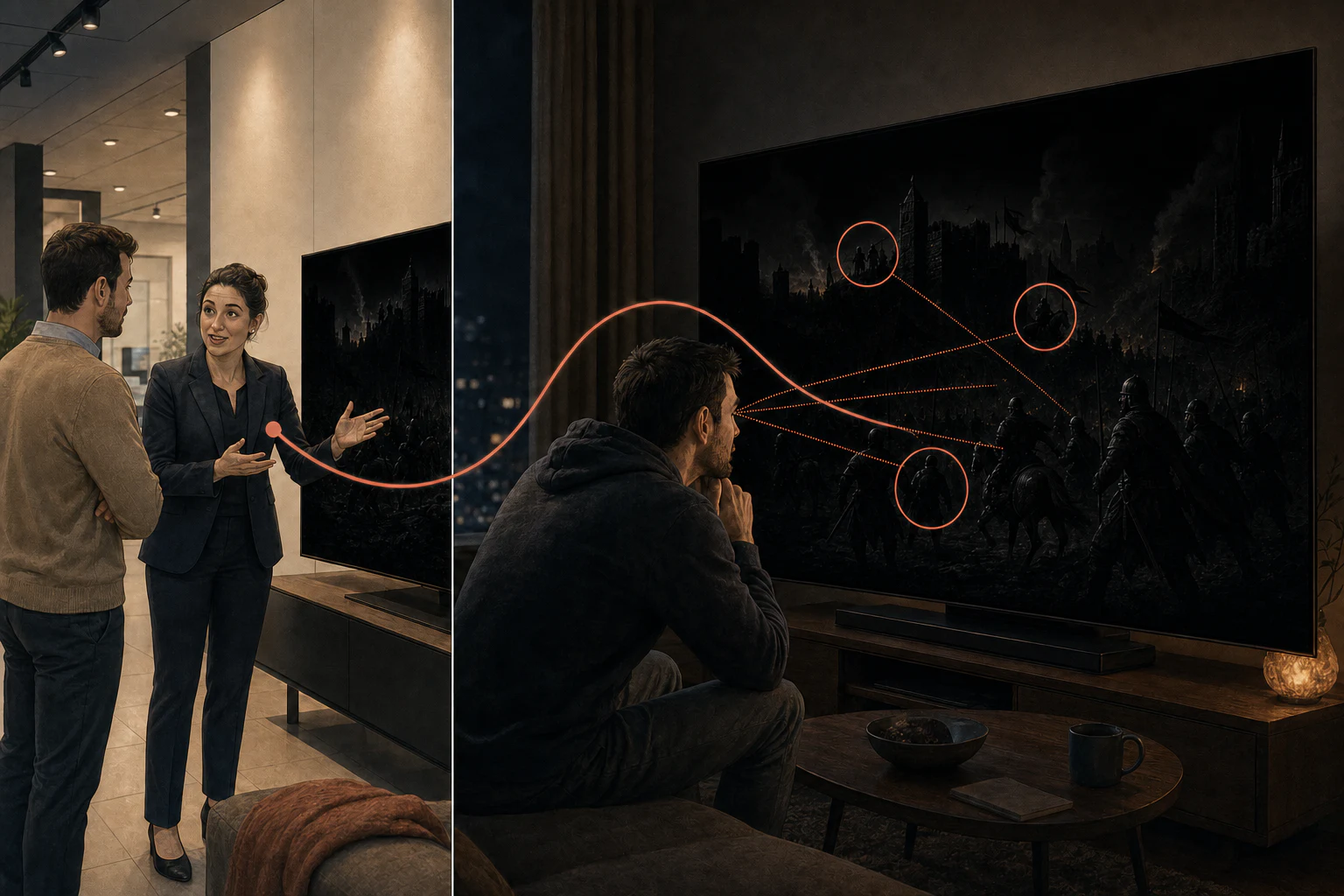 An electronics salesperson’s story leads to an OLED viewer distinguishing shadowy action in a black-on-black nighttime battle