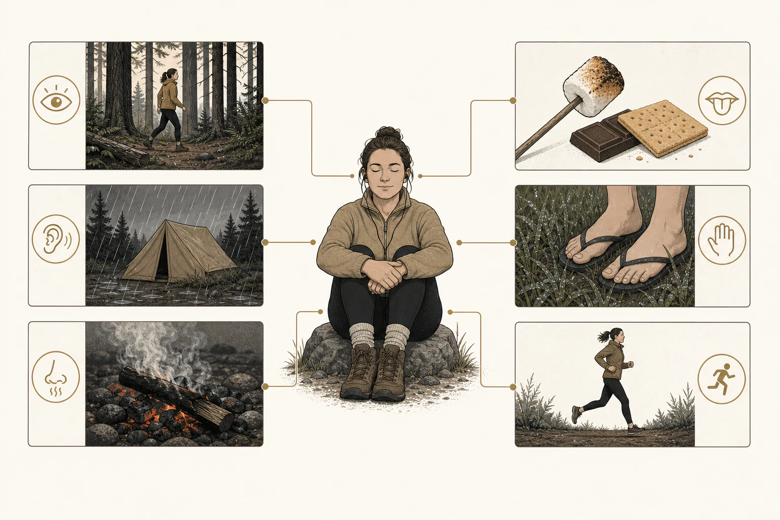 A listener surrounded by six organized scenes representing sight, sound, smell, taste, touch, and movement