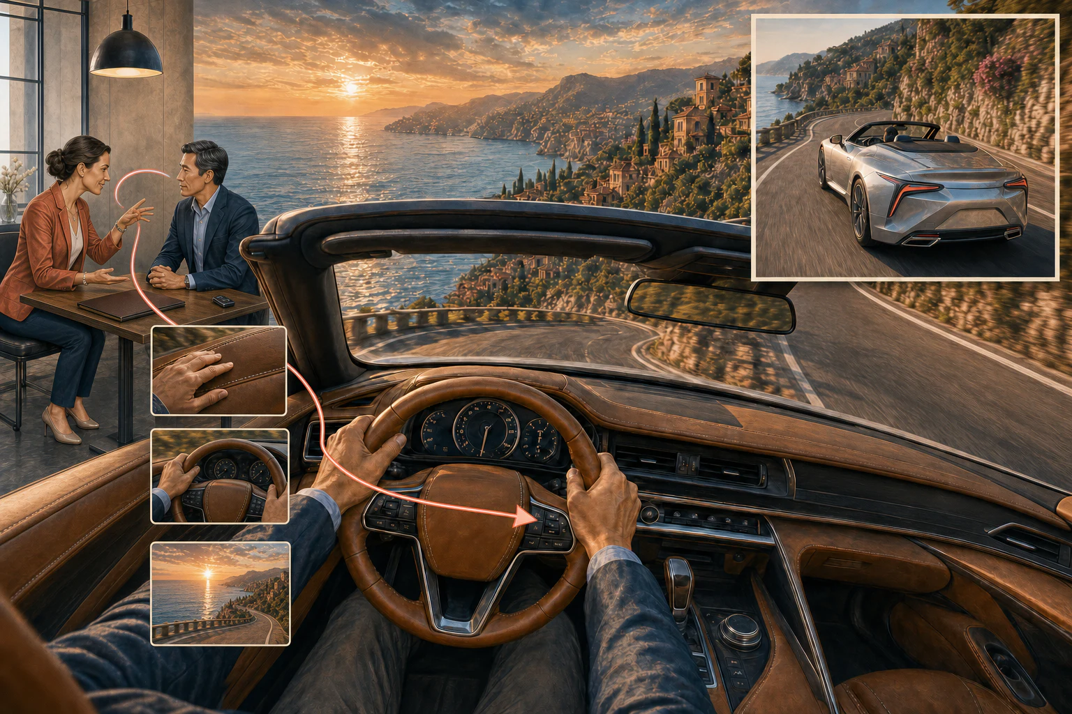 A salesperson’s story leads through concrete sensory details into a prospective customer’s imagined drive above the Italian Riviera