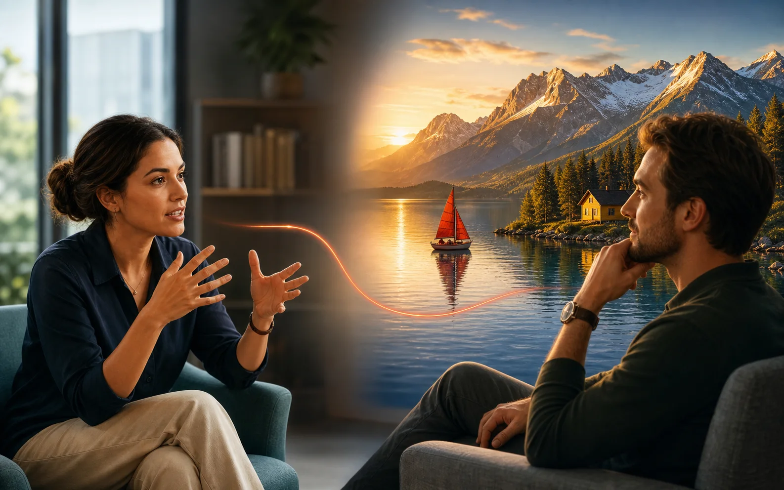A storyteller’s coral line flows into a vivid mountain-lake scene that an attentive listener imagines