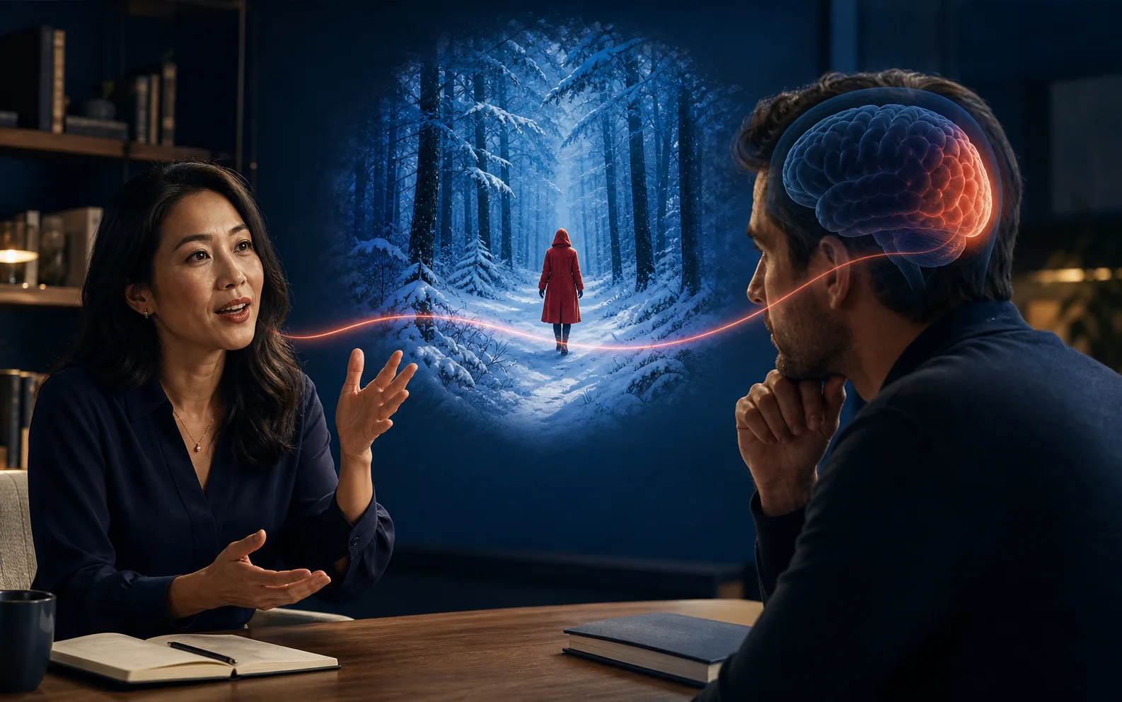 A storyteller’s coral line creates a snowy forest scene and continues to highlighted visual cortex at the rear of an attentive listener’s brain