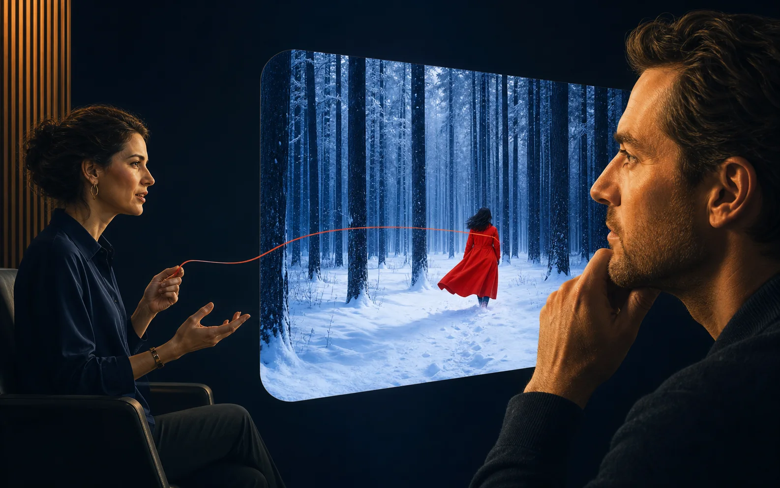 A coral line from a storyteller leads into a vivid image of a red-coated figure crossing a snowy blue forest before an absorbed listener